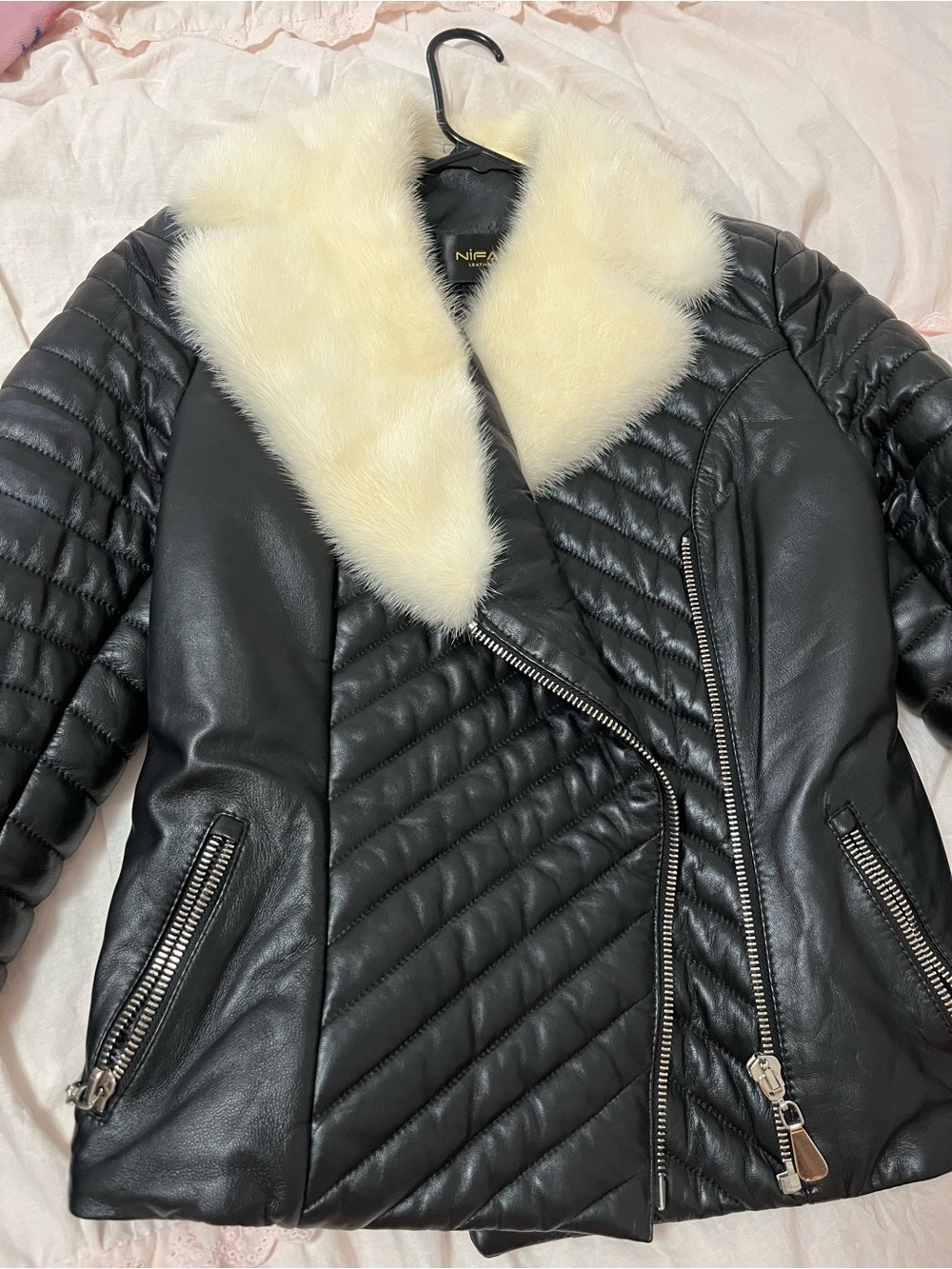 & Other Stories Black Quilted Faux Leather Jacket with Cream Fur Collar